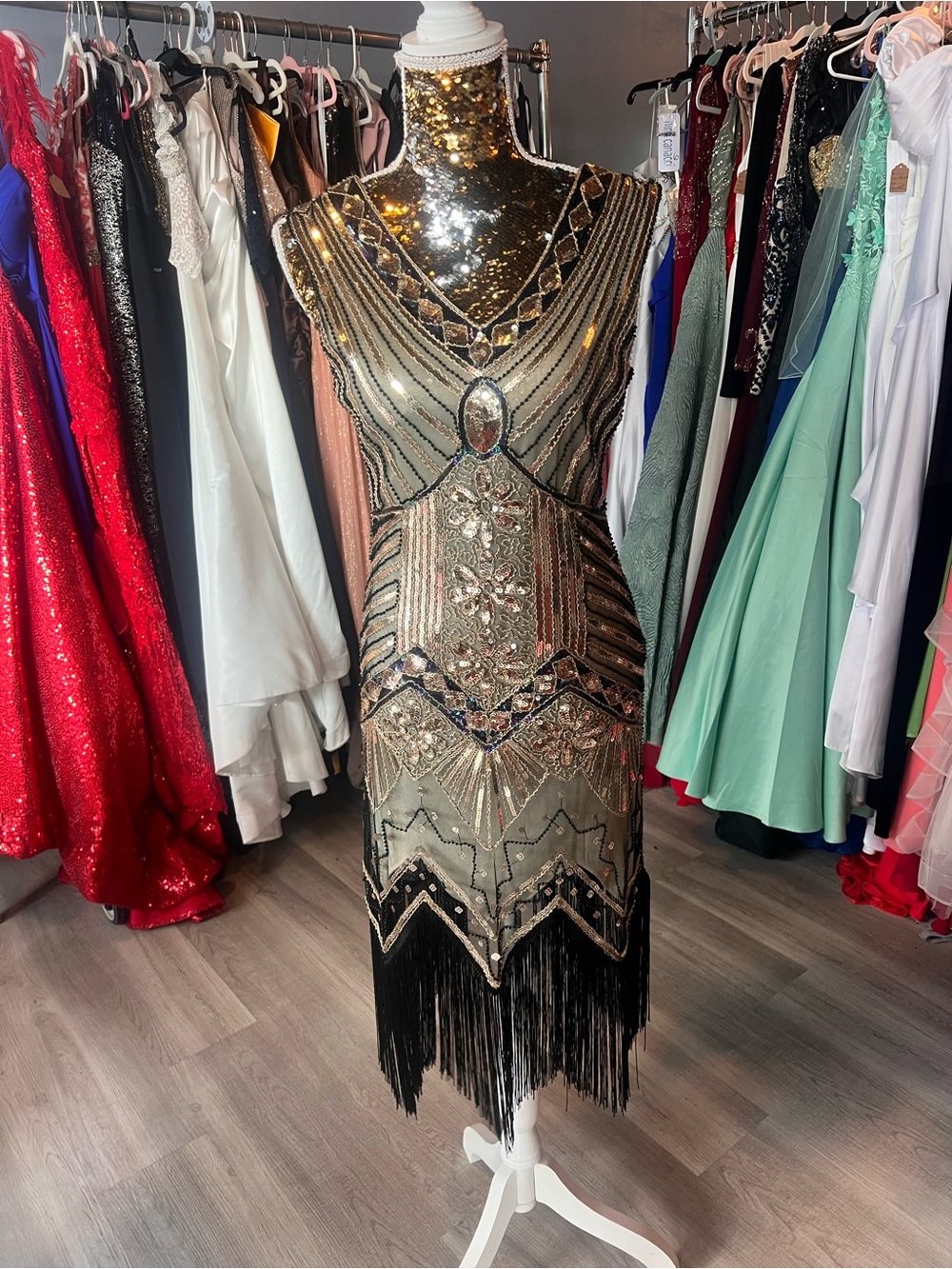 Beaded Fringe Evening Dress in Gold and Black